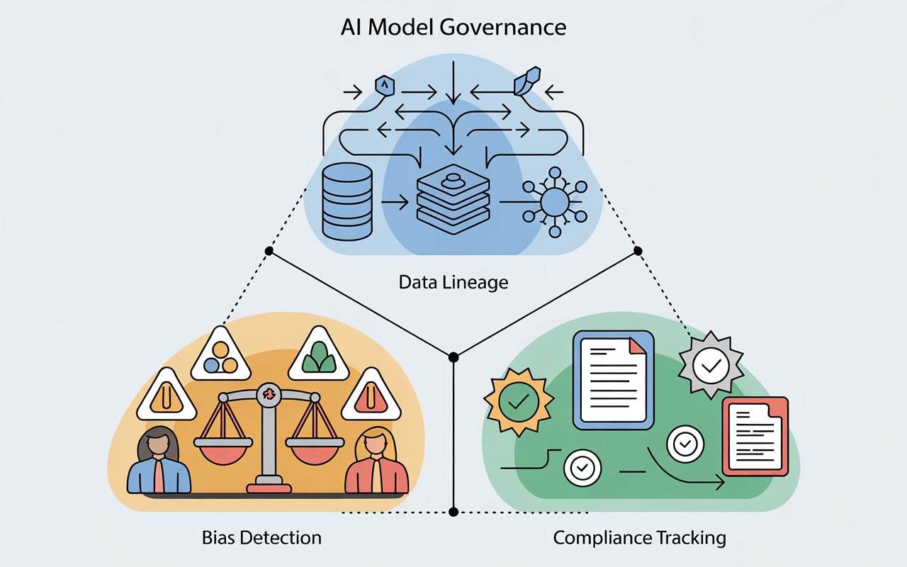 AI model governance visual showing data lineage, bias detection, and compliance tracking with secure AI lifecycle management.