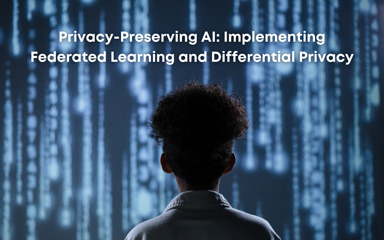 Visual representation of privacy-preserving AI with interconnected devices symbolizing federated learning and data protection using differential privacy techniques.
