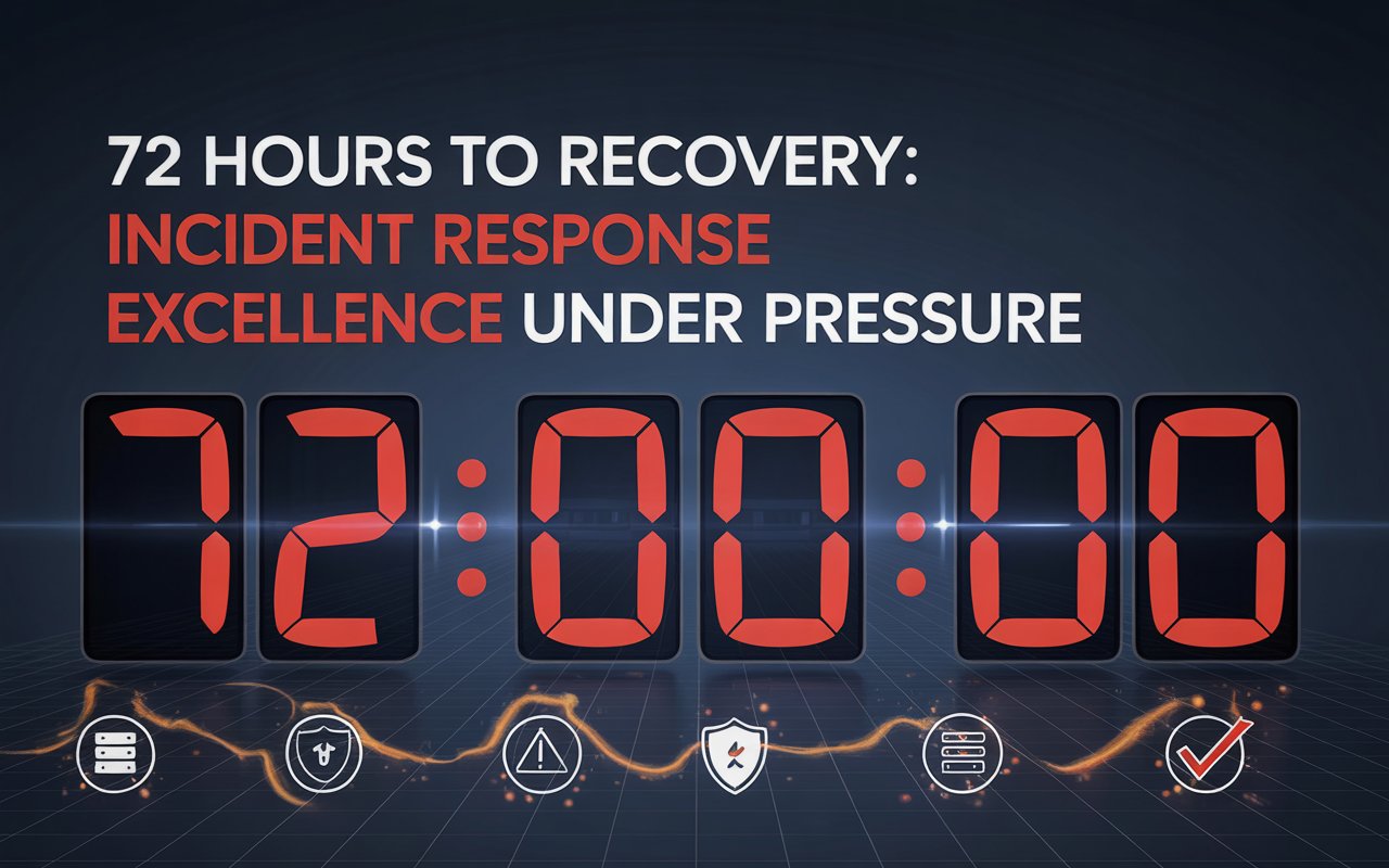 Cybersecurity team collaborating in a control room, analyzing ransomware attack data during a 72-hour recovery operation.