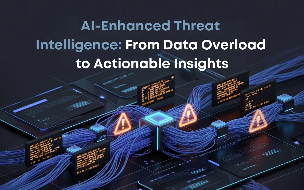Abstract cybersecurity interface with AI-driven data streams, digital threat indicators, and analytic graphs representing AI-enhanced threat intelligence.