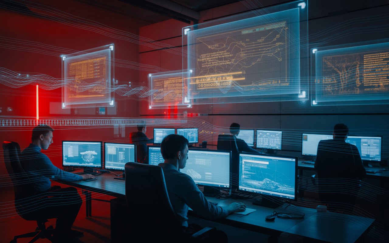Cybersecurity professionals coordinating crisis communication during a data breach, managing media relations, customer notifications, and stakeholder updates.