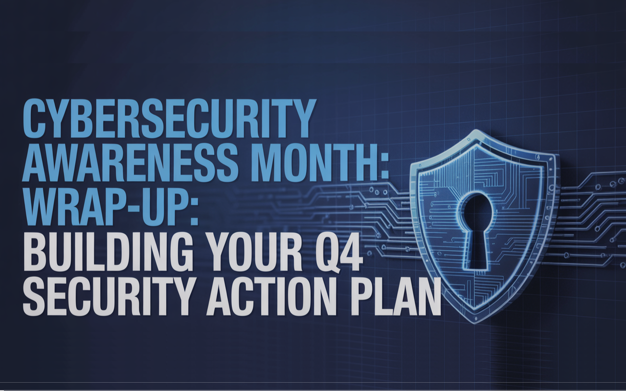 A digital illustration showing cybersecurity professionals reviewing data charts and building a Q4 security roadmap, symbolizing post–Cybersecurity Awareness Month planning with cloud, AI, and network protection icons.