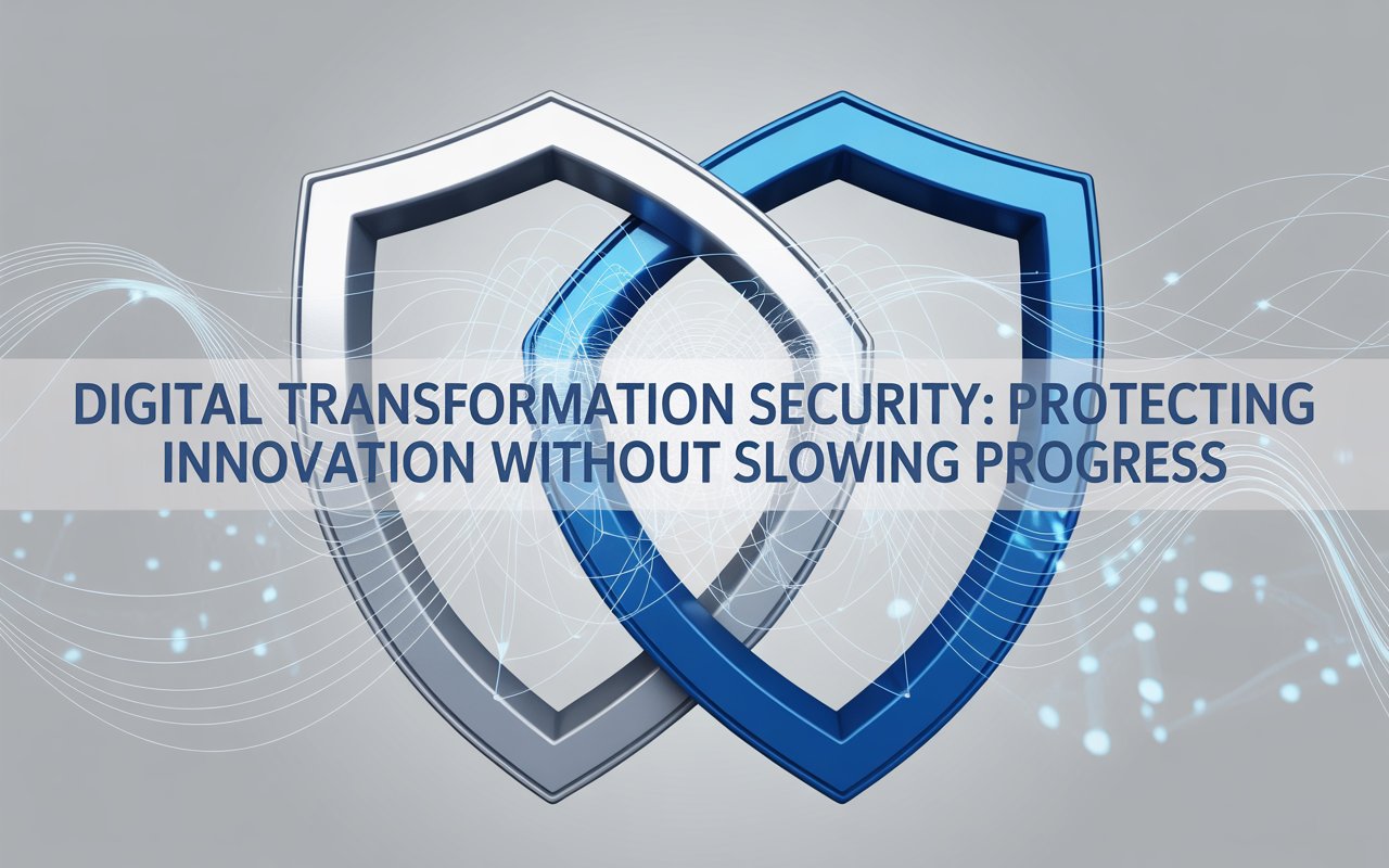 Illustration showing secure digital transformation — featuring cloud computing, data protection shields, and AI network lines symbolizing innovation protected by cybersecurity.