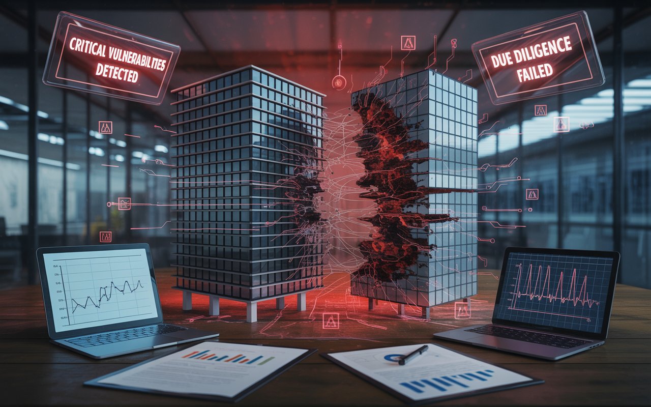 Corporate cybersecurity professionals analyzing post-merger systems to uncover hidden vulnerabilities and prevent data breaches.