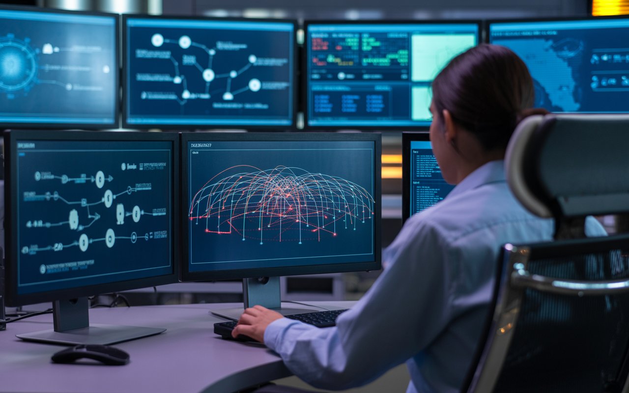 Cybersecurity analyst using AI tools to investigate and contain a cyberattack through automated incident response systems.