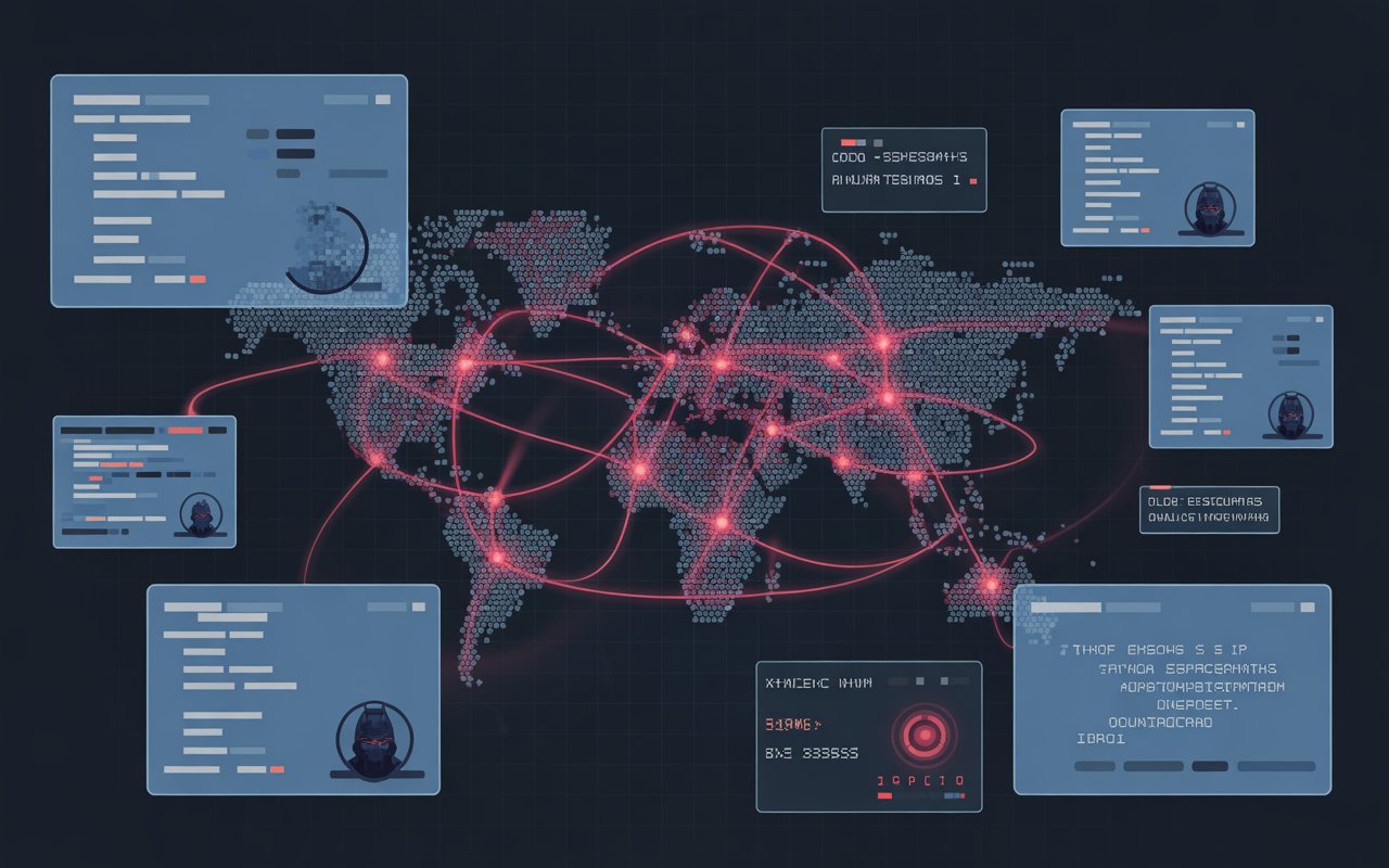 Digital visualization of a cyber-espionage attack map showing global threat lines, nation-state intrusion patterns, and advanced persistent threat activity.