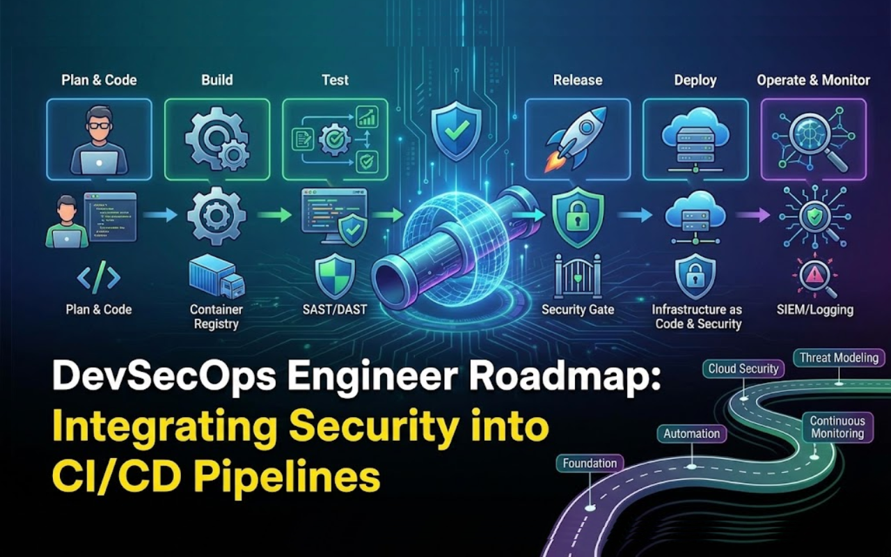 DevSecOps CI/CD pipeline showing automated security testing, container scanning, and infrastructure as code security checks.