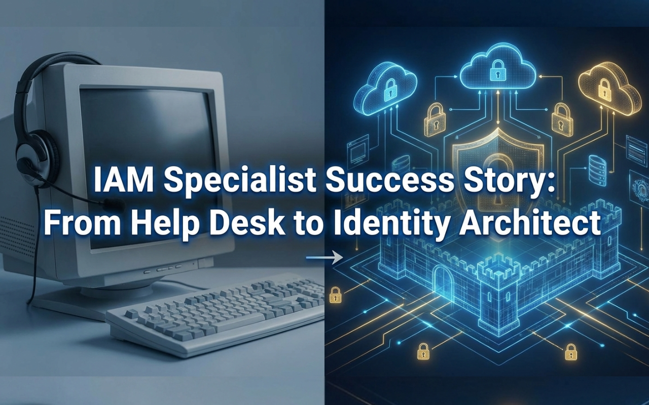 Career progression roadmap from IT help desk technician to IAM architect showing identity governance, privileged access, and cloud security milestones