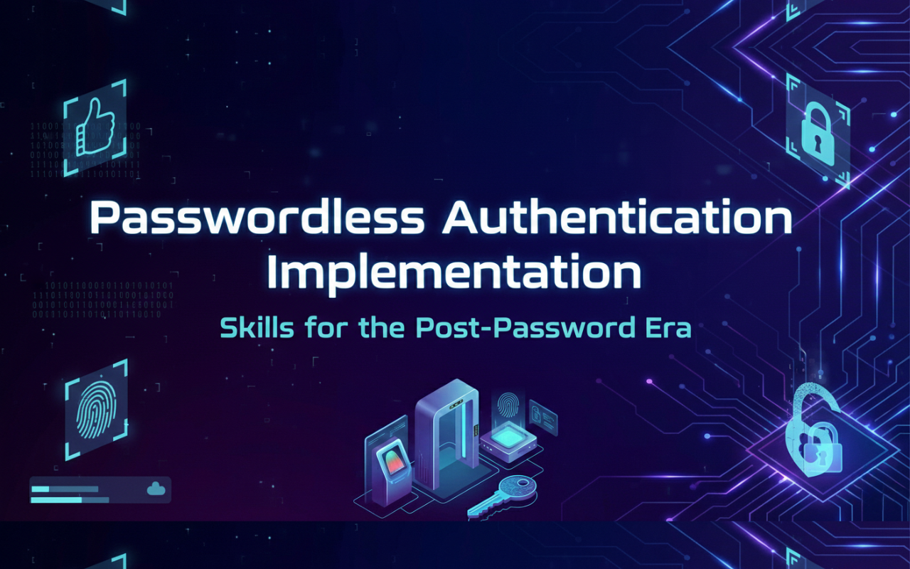 Passwordless authentication concept showing biometric login, passkeys, and hardware security key replacing traditional passwords