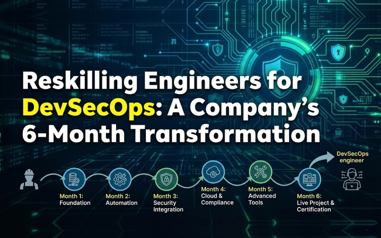 Illustration of engineers learning DevSecOps practices with CI/CD pipeline, automated security testing, and hands-on labs.