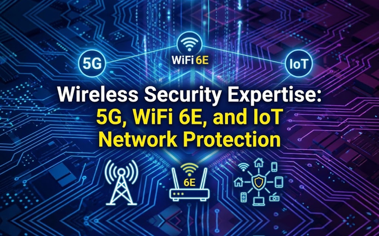 Illustration of secure wireless networks showing 5G towers, WiFi 6E router, and IoT devices protected by cybersecurity shields and encrypted connections.