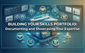 Cybersecurity professional building an online portfolio with GitHub projects, blog articles, certifications, and public speaking highlights displayed on a laptop