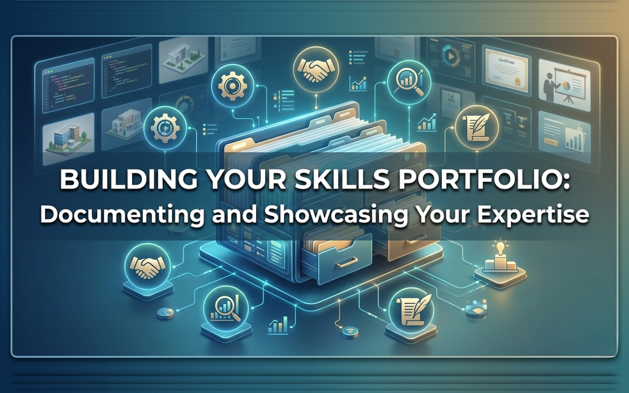 Cybersecurity professional building an online portfolio with GitHub projects, blog articles, certifications, and public speaking highlights displayed on a laptop