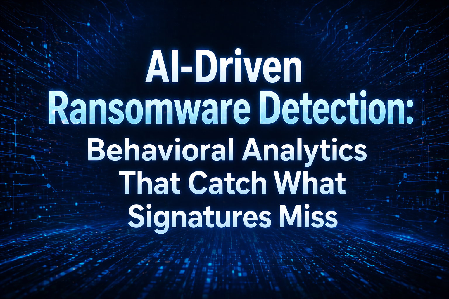Security engineer monitoring AI-powered behavioral analytics dashboard showing real-time ransomware detection signals including file entropy scores, ML anomaly alerts, canary file tripwires, and EDR behavioral scoring on a dark terminal interface
