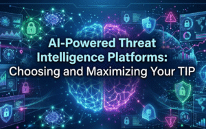 Cybersecurity analyst reviewing AI-powered threat intelligence platform dashboard showing IOC feeds, MITRE ATT&CK mapping, and threat actor profiles in a modern SOC environment
