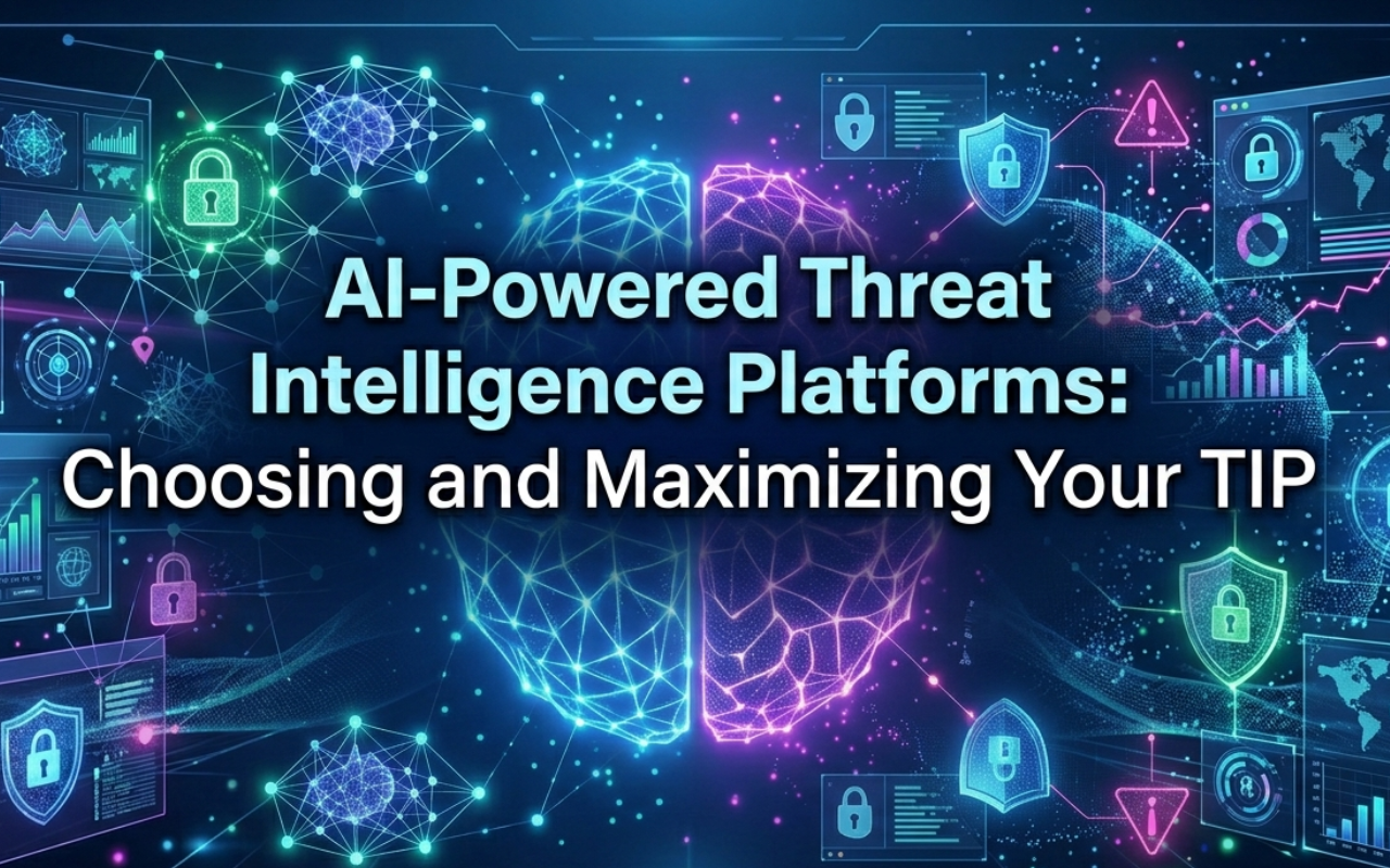 Cybersecurity analyst reviewing AI-powered threat intelligence platform dashboard showing IOC feeds, MITRE ATT&CK mapping, and threat actor profiles in a modern SOC environment