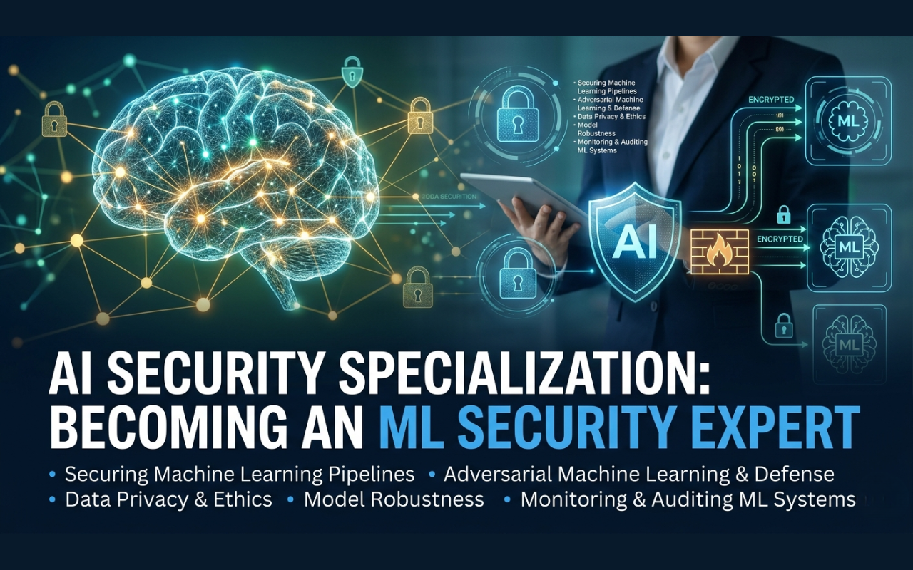 Cybersecurity professional specializing in AI and machine learning security, analyzing ML model threats and adversarial attacks on a digital dashboard