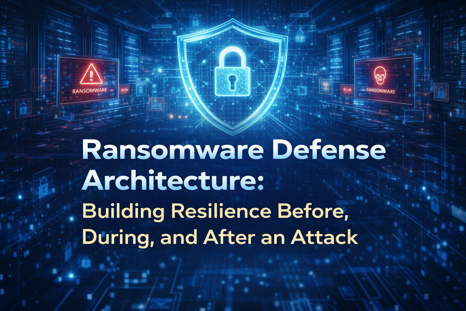 Security architect reviewing a ransomware defense framework dashboard showing pre-attack hardening controls, detection alerts, network segmentation layers, and backup recovery status across a multi-phase resilience architecture
