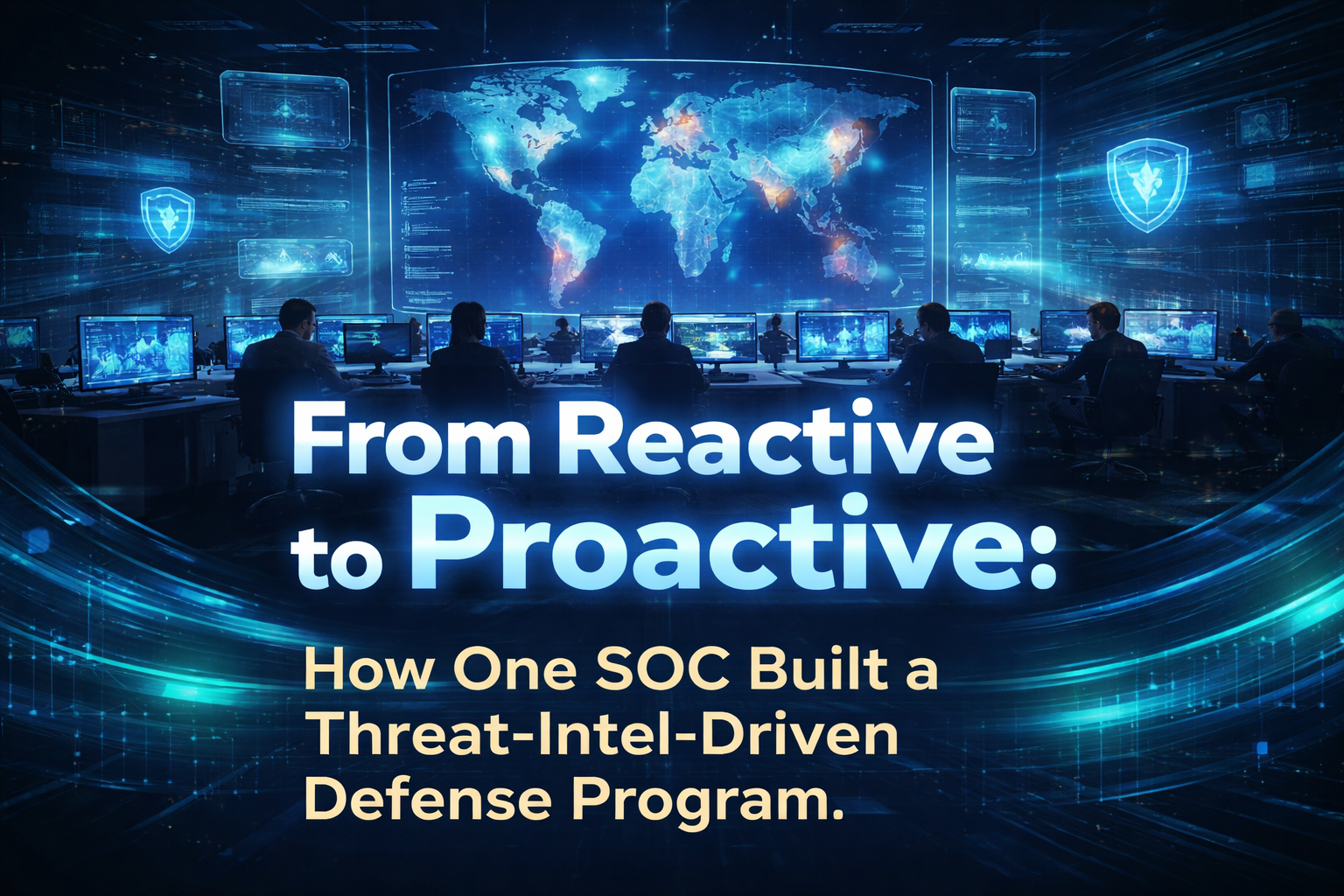 A futuristic security operations center (SOC) with analysts monitoring multiple screens and a large digital world map, featuring the text “From Reactive to Proactive: How One SOC Built a Threat-Intel-Driven Defense Program.”