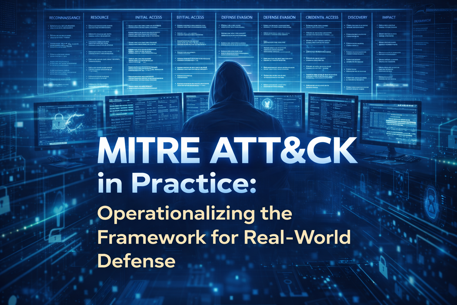 Security operations analyst using the MITRE ATT&CK Navigator framework to map detection coverage across tactics and techniques, highlighting gaps in a SOC environment